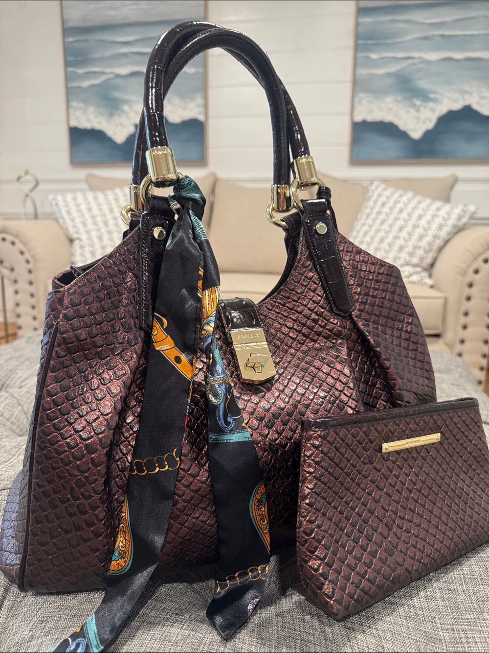 Brahmin Bag Elisa Brown Purple Python Embossed Satchel with Matching Pouch - Picture 3 of 17